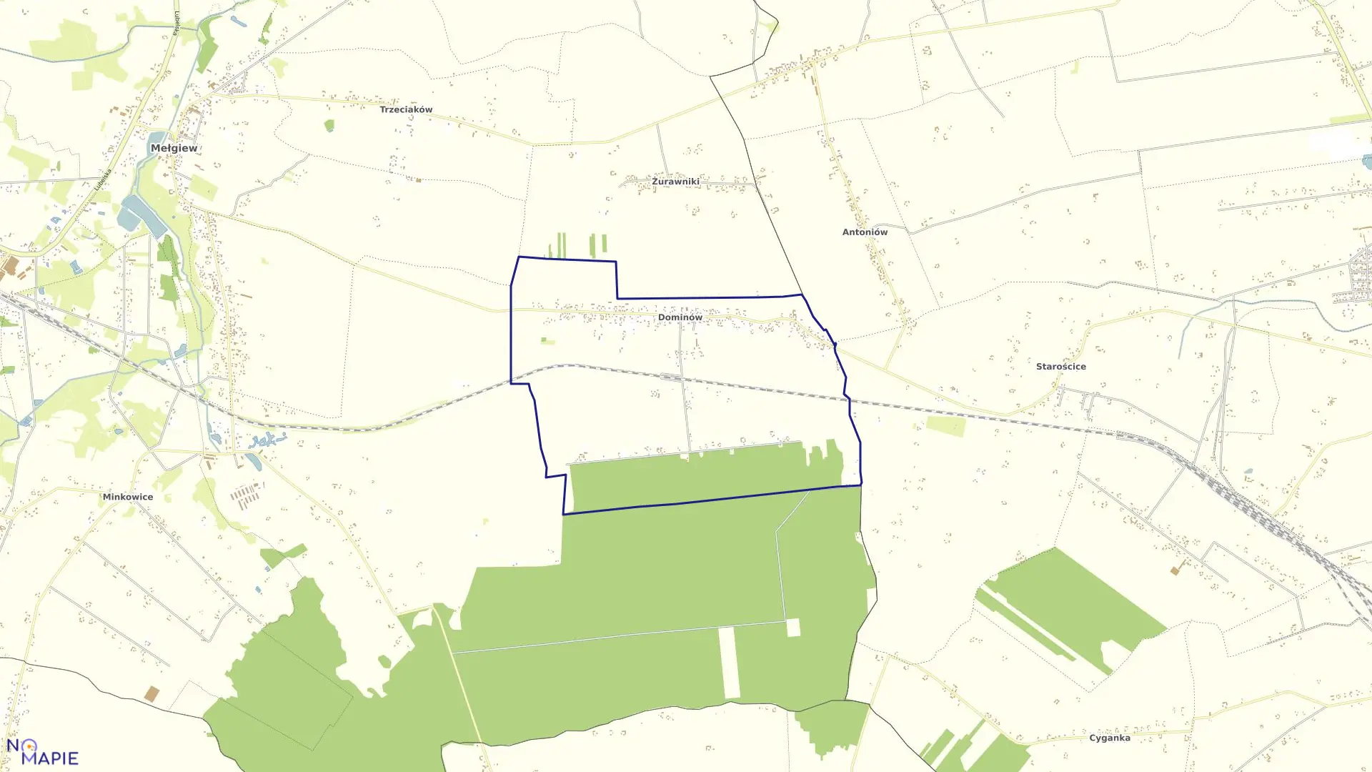 Mapa obrębu Dominów w gminie Mełgiew
