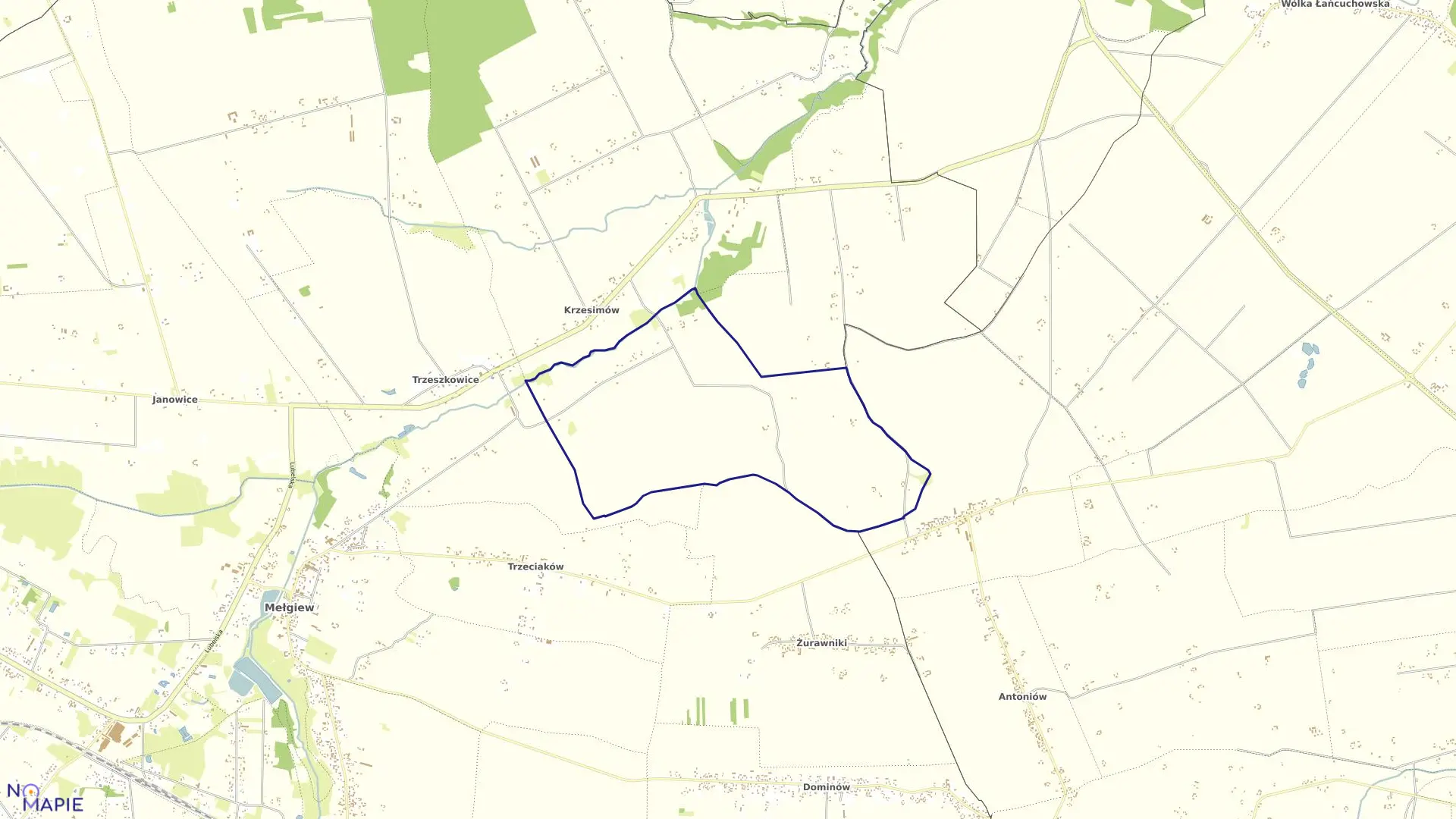 Mapa obrębu Krzesimów Południowy w gminie Mełgiew